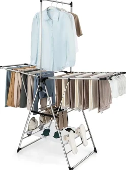 Étendoir à Linge Pliable à 6 Niveaux Réglable en Hauteur avec Cintres Suspendus en Hauteur et Clips Latéraux Séchoir à Ailes