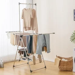 Étendoir à Linge Pliable à 6 Niveaux Réglable en Hauteur avec Cintres Suspendus en Hauteur et Clips Latéraux Séchoir à Ailes