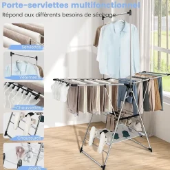 Étendoir à Linge Pliable à 6 Niveaux Réglable en Hauteur avec Cintres Suspendus en Hauteur et Clips Latéraux Séchoir à Ailes