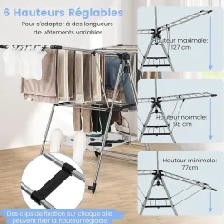 Étendoir à Linge Pliable à 6 Niveaux Réglable en Hauteur avec Cintres Suspendus en Hauteur et Clips Latéraux Séchoir à Ailes