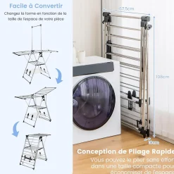 Étendoir à Linge Pliable à 6 Niveaux Réglable en Hauteur avec Cintres Suspendus en Hauteur et Clips Latéraux Séchoir à Ailes