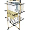 Étendoir à linge pliable 30 m d'étendage sur 3 niveaux avec roulettes, acier noir et effet bois, Kitchen Move Willis