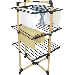 Étendoir à linge pliable 30 m d'étendage sur 3 niveaux avec roulettes, acier noir et effet bois, Kitchen Move Willis