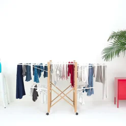 Étendoir à linge pliable sur roulettes 32 m d'étendage 2 niveaux, aluminium effet bois et plastique blanc, Kitchen Move Ushuaia