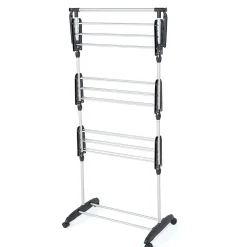 Étendoir à linge sur roulettes multifonction grande capacité 18 m d'étendage, 3 niveaux et 2 portes-cintres, noir et inox, Kitchen Move Ultima