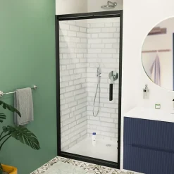 TEX-C Porte de douche 100x195cm ouverture gain de place anticalcaire avec profilés noir mat (SATTEXC100CT)