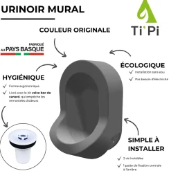Urinoir sans eau mural TI'PI gris + kit valve bec de canard + pack entretien