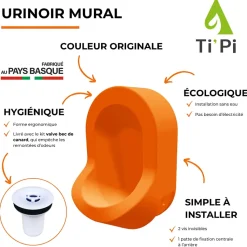 Urinoir sans eau mural TI'PI orange + kit valve bec de canard + pack entretien