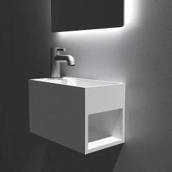 Vasque / Lavabo mural rectangulaire Fonte minérale 33x18x20,5cm Blanc mat, rangement intégré - PB2046