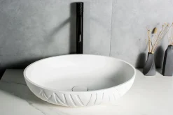 Vasque à poser en fonte minérale - 50x40x12cm - Blanc mat, Avec bonde Pop Up - LEO