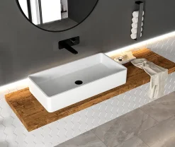 Vasque à poser en solide surface + bonde pop-up chrome PB2013 - 80x40x14,5cm - blanc mat