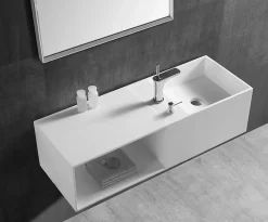 Vasque à poser ou vasque murale 110x40x30cm en fonte minérale avec espace de rangement - Blanc - TWG36