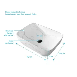 Vasque à poser Rectangle en Céramique Blanche Mat Effet Marbre - 45,5x32,5x13 cm - WHITE MARBLE