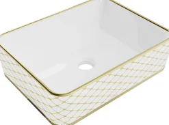 Vasque à poser rectangulaire, céramique 48x37x13 cm Blanc/or