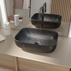 Vasque à poser rectangulaire en céramique noire mat effet marbre 46x32x13.5 cm - BLACK MARBLE