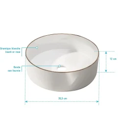 Vasque à poser ronde en céramique blanche avec liseré doré rosé Ø35,5 x H.12 cm, Galedo