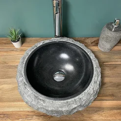 Vasque à poser ronde PITA - 40 cm noir en basalte