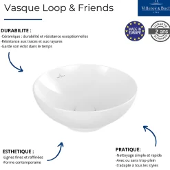 Vasque 38 x 38 ronde à poser VILLEROY ET BOCH Loop & Friends non meulé blanche sans trop plein