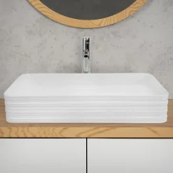 Vasque blanc rectangulaire en ceramique lavabo lave-mains a poser 680x380x120 mm