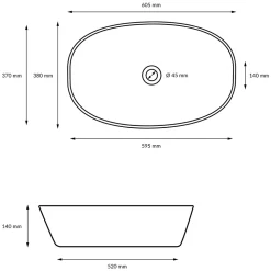 Vasque en céramique blanc avec bonde de vidage pour salle de bain 605x380x140 mm