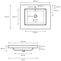 Vasque en céramique blanc avec bonde de vidage pour salle de bain 605x465x160 mm