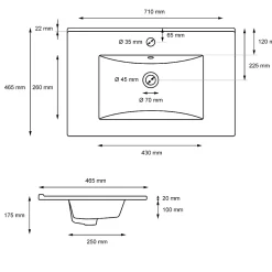 Vasque encastré lavabo Evier salle de bain en ceramique blanc 710 x 465 x 175 mm