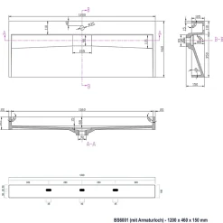 Vasque moderne suspendue 120x46x15cm en marbre coulé sans trous prépercés - BS6001