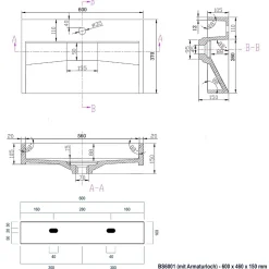 Vasque moderne suspendue 60x37x15cm en marbre coulé avec trous prépercés - BS6001