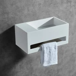 Vasque murale design, Lave main fonte minérale Salle de bain, Blanc mat, 35,5x20x16cm, BA2105 + cache blanc + rangement à gauche