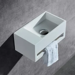 Vasque murale design, Lave main fonte minérale Salle de bain, Blanc mat, 35,5x20x16cm, BA2105 + cache blanc + rangement à gauche
