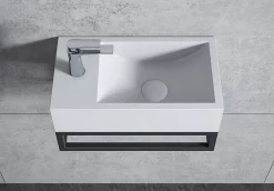 Vasque murale suspendue design 44x22x10cm en fonte minérale - Blanc mat, Avec bonde et cache blanc, Rangement gauche, Avec Console