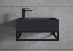 Vasque murale suspendue design 44x22x10cm en fonte minérale - Sans bonde ni cache, Rangement gauche, Quartz noir, Avec Console