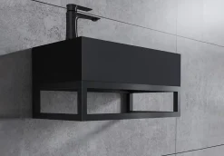 Vasque murale suspendue design 44x22x10cm en fonte minérale - Sans bonde ni cache, Rangement gauche, Quartz noir, Avec Console