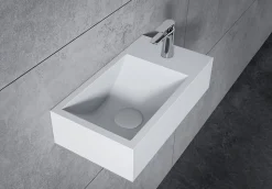 Vasque murale suspendue design 44x22x10cm en fonte minérale - Blanc mat, Avec bonde et cache blanc, Rangement droite, Sans console
