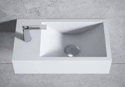 Vasque murale suspendue design 44x22x10cm en fonte minérale - Blanc mat, Avec bonde, Sans cache, Rangement gauche, Sans console