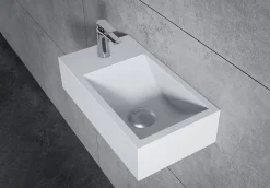 Vasque murale suspendue design 44x22x10cm en fonte minérale - Blanc mat, Avec bonde, Sans cache, Rangement gauche, Sans console