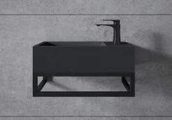 Vasque murale suspendue design 44x22x10cm en fonte minérale - Avec bonde, Sans cache, Rangement droite, Quartz noir, Avec Console