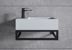 Vasque murale suspendue design 44x22x10cm en fonte minérale - Blanc mat, Avec bonde, Sans cache, Rangement gauche, Avec Console