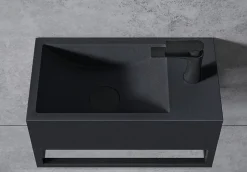 Vasque murale suspendue design 44x22x10cm en fonte minérale - Avec bonde et cache, Rangement droite, Quartz noir, Avec Console