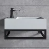 Vasque murale suspendue design 44x22x10cm en fonte minérale - Blanc mat, Sans bonde ni cache, Rangement gauche, Avec Console