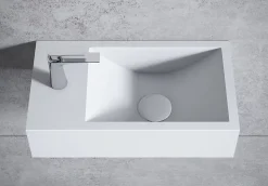Vasque murale suspendue design 44x22x10cm en fonte minérale - Blanc mat, Avec bonde et cache blanc, Rangement gauche, Sans console