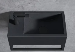 Vasque murale suspendue design 44x22x10cm en fonte minérale - Avec bonde et cache, Rangement gauche, Quartz noir, Avec Console