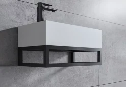 Vasque murale suspendue design 44x22x10cm en fonte minérale - Blanc mat, Sans bonde ni cache, Rangement gauche, Sans console