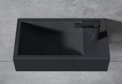 Vasque murale suspendue design 44x22x10cm en fonte minérale - Avec bonde et cache, Rangement droite, Sans console, Quartz noir