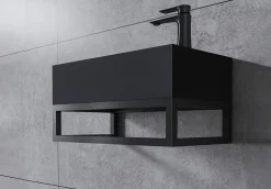 Vasque murale suspendue design 44x22x10cm en fonte minérale - Sans bonde ni cache, Rangement droite, Quartz noir, Avec Console