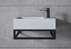Vasque murale suspendue design 44x22x10cm en fonte minérale - Blanc mat, Avec bonde, Sans cache, Rangement droite, Avec Console