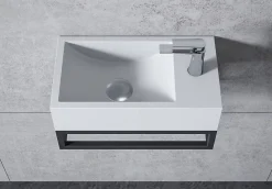 Vasque murale suspendue design 44x22x10cm en fonte minérale - Blanc mat, Avec bonde, Sans cache, Rangement droite, Avec Console