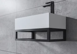 Vasque murale suspendue design 44x22x10cm en fonte minérale - Blanc mat, Avec bonde, Sans cache, Rangement droite, Avec Console