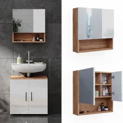 Vicco Armoire de toilette Blanc brillant/Chêne doré 54x55cm