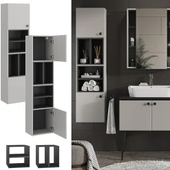 Vicco Meuble salle de bain Gris 37.5x150cm avec porte et compartiments ouverts